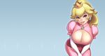  bent_over blonde_hair blue_eyes breasts cleavage cleavage_cutout crown dress earrings elbow_gloves eyelashes eyeliner eyeshadow female gloves gradient gradient_background jewelry large_breasts leaning_forward lips looking_at_viewer makeup maou_alba mario_(series) mini_crown pink_dress princess_peach puffy_sleeves simple_background solo super_mario_bros. v_arms wallpaper white_gloves 