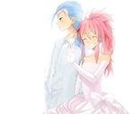 1girl arche_klein blue_eyes blue_hair blush chester_barklight couple dress formal gloves hetero husband_and_wife jewelry ki_(mxxxx) long_hair pink_hair ponytail ring smile suit tales_of_(series) tales_of_phantasia wedding_dress wide_ponytail 