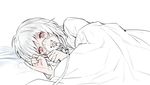  albino androgynous bad_id bad_pixiv_id erubo looking_at_viewer lying on_side open_mouth original oxygen_mask pinky_out pinky_swear red_eyes short_hair silver_hair smile solo white_hair 