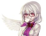  adjusting_eyewear bespectacled blush bow brooch glasses jewelry kishin_sagume long_sleeves looking_at_viewer minamura_haruki red-framed_eyewear red_eyes semi-rimless_eyewear short_hair silver_hair simple_background single_wing solo touhou under-rim_eyewear upper_body white_background wings 