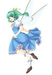  blue_dress blue_hair daiyousei dress dress_lift fairy fairy_wings gradient green_eyes green_hair hair_ribbon isaki_(gomi) looking_at_viewer open_mouth pointy_ears puffy_short_sleeves puffy_sleeves ribbon shirt short_sleeves side_ponytail simple_background smile solo touhou white_background wings 