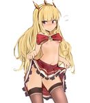  blonde_hair blush bow breasts cagliostro_(granblue_fantasy) crown flying_sweatdrops granblue_fantasy highres long_hair muoto nipples purple_eyes pussy skirt skirt_lift small_breasts smile solo thighhighs 