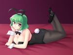  alternate_costume animal_ears ass black_legwear blush bow bowtie breasts bunny_ears bunny_girl bunny_tail bunnysuit cleavage commentary_request detached_collar green_hair hand_on_own_cheek high_heels isaki_(gomi) kazami_yuuka large_breasts legs_up looking_at_viewer lying on_stomach pantyhose red_eyes short_hair smile solo tail touhou wrist_cuffs 