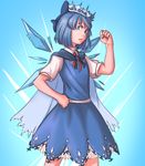  blue_eyes blue_hair bow cape cirno clenched_hand commentary cowboy_shot crown dress embellished_costume hair_bow mefomefo serious shirt short_hair short_sleeves solo touhou wings 
