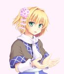  arm_warmers blonde_hair flower gradient gradient_background green_eyes hair_flower hair_ornament isaki_(gomi) looking_at_viewer mizuhashi_parsee open_mouth pink_background pointy_ears scarf shirt short_sleeves smile solo touhou upper_body white_scarf 