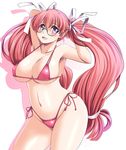  armpits arms_up bikini breasts covered_navel glasses large_breasts log-mi_(tonpuu) long_hair original pink_hair purple_eyes shadow side-tie_bikini simple_background smile solo swimsuit thighs tonpuu very_long_hair white_background 