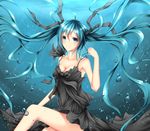  aqua_hair bare_shoulders black_dress black_ribbon blue_eyes breasts closed_mouth collarbone dress hair_ribbon hatsune_miku highres long_hair looking_at_viewer medium_breasts ribbon shinkai_shoujo_(vocaloid) smile solo twintails underwater vocaloid water wsman 