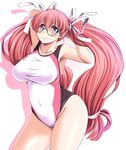  armpits arms_up breasts competition_swimsuit covered_navel glasses large_breasts log-mi_(tonpuu) long_hair one-piece_swimsuit original pink_hair purple_eyes shadow simple_background smile solo swimsuit thighs tonpuu very_long_hair white_background 