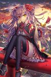  bell chain_chronicle demon_horns detached_sleeves flower hair_flower hair_ornament heterochromia horns japanese_clothes long_hair original petticoat red_eyes shintou silver_hair smile solo thighhighs torii yellow_eyes 