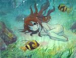  1girl air_bubble breath brown_hair bubble covering covering_crotch curled_up fish grass holding_breath long_hair nude one_eye_closed original seaweed underwater water 