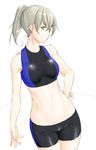  bike_shorts blonde_hair breasts commentary_request crop_top green_eyes hand_on_hip highres looking_at_viewer medium_breasts midriff niwatazumi original ponytail smile solo 