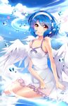  1girl bare_shoulders blue_hair bow collarbone female frills headphones looking_at_viewer music orange_eyes original short_hair sitting sky smile solo squadra wings 