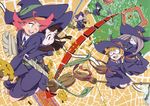  absurdres amanda_o'neill blonde_hair boots broom brown_eyes brown_hair constanze_amalie_von_braunschbank-albrechtsberger glasses green_eyes hair_over_one_eye hat highres jasminka_antonenko kagari_atsuko little_witch_academia little_witch_academia:the_enchanted_parade looking_back lotte_jansson multiple_girls non-web_source official_art open_mouth pale_skin pink_hair skirt socks stanbot_(little_witch_academia) sucy_manbavaran witch_hat 