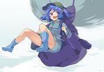  backpack bag blue_eyes blue_footwear blue_hair boots convenient_leg flying full_body hair_bobbles hair_ornament hasebe_yuusaku hat kawashiro_nitori long_sleeves looking_at_viewer open_mouth round_teeth rubber_boots shirt skirt skirt_set smile solo teeth touhou twintails two_side_up 