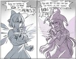  bruise cirno clenched_hand clenched_hands clownpiece comic dress english hat injury jester_cap long_hair mefomefo monochrome multiple_girls reverse_translation shirt short_hair smoke touhou translated typo veins wings 