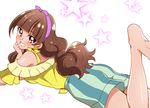  alternate_eye_color amanogawa_kirara bad_id bad_pixiv_id bare_legs barefoot blush bow brown_eyes brown_hair earrings go!_princess_precure grin hair_bow hairband highres jewelry leg_up long_hair looking_at_viewer looking_back lying on_stomach precure purple_eyes sharumon shirt shorts smile solo star star_earrings striped striped_shorts the_pose twintails white_background yellow_shirt 