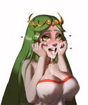  blush breasts cleavage cum facial green_eyes green_hair hands_to_face heart heart-shaped_pupils kid_icarus nail_polish open_mouth palutena simple_background solo symbol-shaped_pupils tiara triuni upper_body yandere 