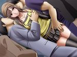  breast_grab brown_eyes brown_hair crimson_comics grabbing hand_on_breast multiple_boys skirt smile sweat thighhighs zettai_ryouiki 