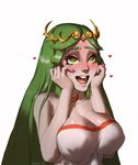  blush breasts cleavage goddess green_eyes green_hair hands_to_face heart heart-shaped_pupils kid_icarus nail_polish open_mouth palutena simple_background solo symbol-shaped_pupils tiara triuni upper_body yandere 