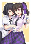  ^_^ beer_can belt black_hair blush brown_hair can checkered checkered_skirt closed_eyes commentary_request d; drunk frills hair_ribbon hand_on_another's_hip himekaidou_hatate hug isaki_(gomi) multiple_girls necktie no_hat no_headwear one_eye_closed open_mouth puffy_short_sleeves puffy_sleeves red_eyes ribbon shameimaru_aya short_hair short_sleeves skirt smile touhou twintails yuri 