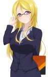  adjusting_eyewear ayase_eli bespectacled blazer blonde_hair blush breasts chimunge collarbone formal glasses grey_eyes jacket large_breasts long_hair long_sleeves looking_at_viewer love_live! love_live!_school_idol_project red-framed_eyewear shirt skirt skirt_set smile solo very_long_hair 