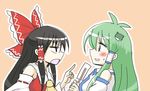  :d angry antenna_hair blush bow brown_hair d: detached_sleeves finger_wagging gohei green_eyes green_hair hair_bow hakurei_reimu kiritani_(marginal) kochiya_sanae large_bow multiple_girls open_mouth pointing smile sweatdrop touhou v-shaped_eyebrows 