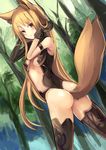  animal_ears ass blonde_hair breasts center_opening forest fox_ears fox_tail gloves haik hand_in_hair highres leotard long_hair looking_at_viewer nature original red_eyes sideboob small_breasts solo tail thighhighs thong_leotard tree 