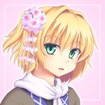  blonde_hair flower green_eyes hair_flower hair_ornament isaki_(gomi) looking_at_viewer mizuhashi_parsee open_mouth pink_background pointy_ears portrait scarf shirt smile solo touhou white_scarf 