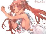  baffu bare_shoulders blush breasts brown_eyes brown_hair dress hair_ribbon highres kantai_collection libeccio_(kantai_collection) long_hair medium_breasts open_mouth ribbon sailor_dress sideboob simple_background sketch sleeveless solo twintails twitter_username 