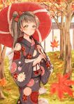  autumn_leaves bangs blush bow brown_hair floral_print hair_bow highres japanese_clothes kimono leaf long_hair long_sleeves love_live! love_live!_school_idol_project maple_leaf minami_kotori obi oriental_umbrella red_bow sash side_ponytail solo suito tree umbrella wide_sleeves yellow_eyes 