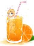  barefoot bikini blonde_hair blue_eyes blush bow cup drinking_straw food fruit hair_bow hair_ornament hairclip hazuki_natsu highres in_container in_cup juice kagamine_rin looking_at_viewer loose_bikini minigirl orange orange_juice oversized_object partially_submerged short_hair side-tie_bikini solo striped striped_swimsuit swimsuit untied untied_bikini vocaloid white_background 
