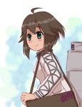 2015 4suke ahoge alternate_eye_color aqua_eyes artist_name bag bangs blush brown_hair commentary_request dated hair_between_eyes handbag hayasui_(kantai_collection) jacket kantai_collection long_sleeves simple_background smile solo track_jacket white_background zipper 