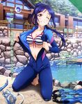  1girl bikini_top bodysuit breasts cleavage female love_live!_school_idol_project love_live!_sunshine!! matsuura_kanan murota_yuuhei open_shirt shirt 