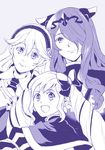 camilla_(fire_emblem_if) elise_(fire_emblem_if) female_my_unit_(fire_emblem_if) fire_emblem fire_emblem_if hair_over_one_eye hair_ribbon hairband long_hair monochrome multiple_girls my_unit_(fire_emblem_if) ribbon twintails wischocco 