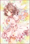  :3 animal_ears blush border brown_hair bunny_ears carrot_necklace colored_pencil_(medium) daisy dress finger_to_cheek floral_background flower gradient gradient_background inaba_tewi looking_at_viewer marker_(medium) petals pink_dress potto puffy_short_sleeves puffy_sleeves red_eyes sample short_hair short_sleeves solo touhou traditional_media watercolor_(medium) 