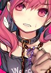  bare_shoulders blush chain clothes_writing collar collarbone earrings hat hecatia_lapislazuli jewelry looking_at_viewer minamura_haruki polos_crown red_eyes red_hair solo_focus touhou upper_body 