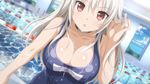  :o blush breasts cleavage cloud collarbone dutch_angle game_cg hair_tucking hiromi_(sakura_swim_club) lane_line large_breasts long_hair looking_at_viewer one-piece_swimsuit open_mouth pool pool_ladder poolside red_eyes sakura_swim_club school_swimsuit solo sparkle swimsuit wanaca water wet white_hair 