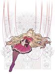  :o art_nouveau black_skirt blonde_hair bow cagliostro_(granblue_fantasy) closed_eyes frilled_skirt frills gb_hm granblue_fantasy hairband hands_clasped interlocked_fingers long_hair lying no_shoes on_back open_mouth own_hands_together red_bow red_skirt skirt solo string thighhighs zettai_ryouiki 