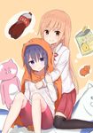  2girls animal_hood bike_shorts black_legwear brown_eyes casual chicking cosplay doma_umaru female hamster hamster_costume himouto!_umaru-chan hood hug hug_from_behind light_brown_hair long_hair looking_at_viewer motoba_kirie multiple_girls necolumbus nekoronbusu purple_eyes purple_hair school_uniform simple_background sitting smile stuffed_animal stuffed_cat thighhighs uniform 