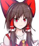  ascot bad_id bad_twitter_id blush bow brown_hair close-up commentary cookie_(touhou) detached_sleeves hair_bow hair_ribbon hair_tubes hakurei_reimu long_hair looking_at_viewer nnns red_eyes reu ribbon simple_background smile solo touhou white_background 