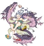  1girl :o armlet bad_id bad_twitter_id bandages bandaid bare_legs bare_shoulders barefoot bracelet brown_eyes chips collarbone dragon emu_(eomou) floating_hair food full_body granblue_fantasy hand_to_own_mouth highres jewelry lavender_hair long_hair looking_at_another looking_to_the_side o_o open_mouth pointy_ears potato_chips shorts simple_background solo strap_slip tiamat_(granblue_fantasy) white_background 