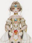  apple bad_id bad_pixiv_id bare_shoulders blush bracelet braid choker closed_mouth code:_empress_(elsword) crown dress elsword eve_(elsword) food french_braid fruit grey_hair holding holding_food holding_fruit jewelry laphet long_hair looking_at_viewer red_lips simple_background solo strapless strapless_dress upper_body white_background white_dress white_hair white_sleeves yellow_choker yellow_eyes 