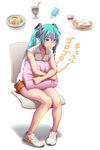  aqua_hair blue_eyes blush chair food full_body hatsune_miku highres hungry long_hair new_balance no_socks pigeon-toed pillow pillow_hug popsicle shaded_face simple_background sitting solo stomach_growling sweat twintails vocaloid wavy_mouth white_background wokada 