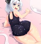  ass blue_eyes blush commentary_request derivative_work from_behind isaki_(gomi) konpaku_youmu looking_at_viewer looking_back lying oiled on_stomach one-piece_swimsuit open_mouth school_swimsuit short_hair silver_hair solo swimsuit thighs touhou white_hair 
