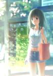  absurdres bag black_hair blue_eyes blurry commentary_request depth_of_field earbuds earphones highres long_hair looking_at_viewer optical_core original shirt shopping_bag shorts solo white_shirt 