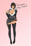  black_hair black_legwear blue_eyes breasts business_suit dark_skin english female full_body glasses gradient gradient_background high_heels large_breasts looking_at_viewer nipples no_bra open_clothes open_shirt panties pantyshot rimless_glasses shirt shirt_pull short_hair skirt skirt_lift smile solo standing striped striped_panties suit thetroon thighhighs underwear 