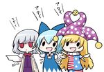  atai blonde_hair blue_hair bow check_translation chibi cirno clownpiece commentary_request hair_bow hat jester_cap jitome kiira kishin_sagume multiple_girls pantyhose red_eyes silver_hair single_wing solid_oval_eyes touhou translation_request triangle_mouth white_hair wings 