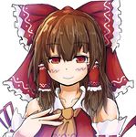  ascot bad_id bad_twitter_id blush bow brown_hair close-up commentary cookie_(touhou) detached_sleeves hair_bow hair_ribbon hair_tubes hakurei_reimu kanna_(cookie) long_hair looking_at_viewer nnns red_eyes ribbon simple_background solo touhou white_background 