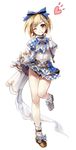  alternate_costume black_panties blonde_hair brown_eyes djeeta_(granblue_fantasy) finger_to_mouth gloves granblue_fantasy hair_ribbon highres kimi_to_boku_no_mirai miniskirt miyase_mahiro one_eye_closed panties ribbon short_hair skirt smile solo underwear white_gloves 