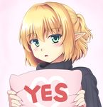  :o alternate_costume blonde_hair blush green_eyes hair_intakes half_updo isaki_(gomi) looking_at_viewer mizuhashi_parsee open_mouth pillow ribbed_sweater short_hair solo sweater touhou turtleneck yes yes-no_pillow 